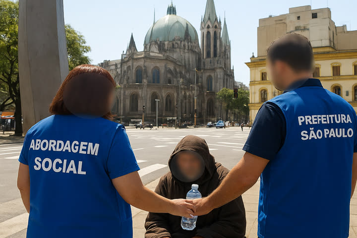 A imagem mostra um dia ensolarado no centro de São Paulo. Em primeiro plano, dois agentes da prefeitura de São Paulo, usando coletes azuis com as inscrições 'ABORDAGEM SOCIAL' e 'PREFEITURA SÃO PAULO', entregam uma garrafa de água a uma pessoa em situação de rua, que está sentada na calçada e veste um agasalho marrom com capuz. o fundo, é possível ver a Catedral da Sé e alguns prédios históricos