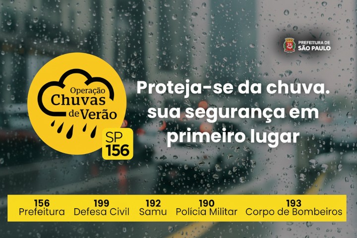 A figura contém um fundo desfocado de chuva intensa, visto através de um vidro molhado. À esquerda, há um círculo amarelo com o texto 'Operação Chuvas de Verão', acompanhado do desenho de uma nuvem com gotas de chuva. Abaixo, aparece o número 'SP 156'. No canto superior direito, está o brasão e o texto 'Prefeitura de São Paulo'.À direita da imagem, em letras brancas, lê-se: 'Proteja-se da chuva. Sua segurança em primeiro lugar'.Na faixa inferior amarela, aparecem os telefones de emergência: '156 Prefeitura', '199 Defesa Civil', '192 Samu', '190 Polícia Militar' e '193 Corpo de Bombeiros'